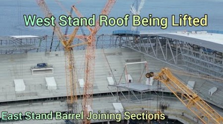 New Everton Stadium - Bramley Moore Dock - west stand roof section being lifted 6/7/23