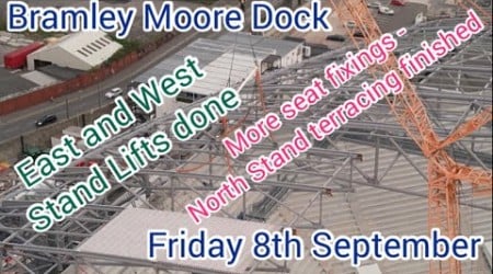 New Everton Stadium - Bramley Moore Dock - 2 roof lifts - seat fixings - terracing completed #rails