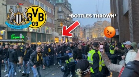 ABSOLUTE CHAOS - BORUSSIA DORTMUND FANS CLASH WITH NEWCASTLE *FAN FOOTAGE*