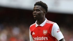 Bukayo Saka reacts after Arsenal's win vs Brighton