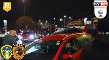 Leeds United fans outside Elland Road after Hull City, and taxi nearly takes a Badger&#39;s toe #lufc