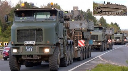 Tank Transporters hauling new Ajax armoured fighting vehicles for the British Army 