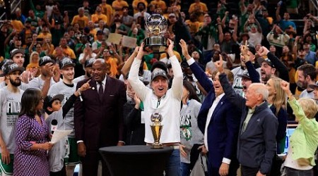 The Boston Celtics Receive The Bob Cousy Trophy As The NBA Eastern Conference Champions!