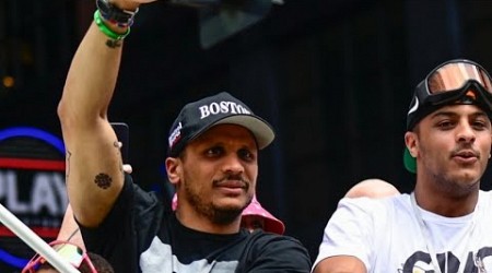 Joe Mazzulla Jumps Off Duck Boat and HIGH FIVES Celtics Fans