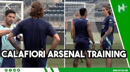 Calafiori speaks with Arteta at Arsenal USA TRAINING