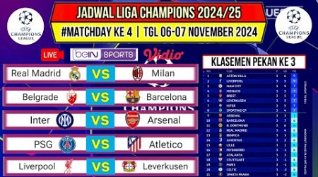 Jadwal Liga Champions 2024 Pekan ke 4~Real Madrid vs Milan~Klasemen Champions League 2024/25~Live