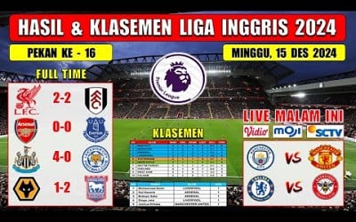 Hasil Liga Inggris Tadi Malam ~ LIVERPOOL vs FULHAM ~ ARSENAL vs EVERTON ~ EPL 2024 Pekan Ke 16