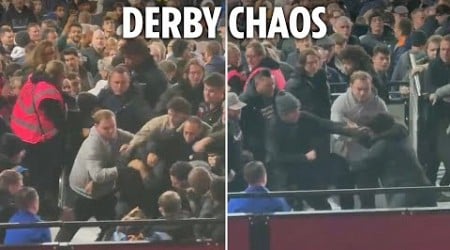 Moment huge brawl breaks out during West Ham vs Arsenal with punches thrown &amp; fan knocked to ground